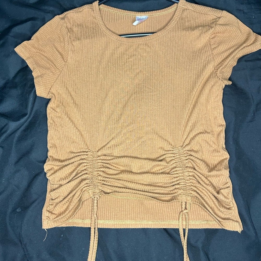 Ruched Warm Brown Ribbed Top